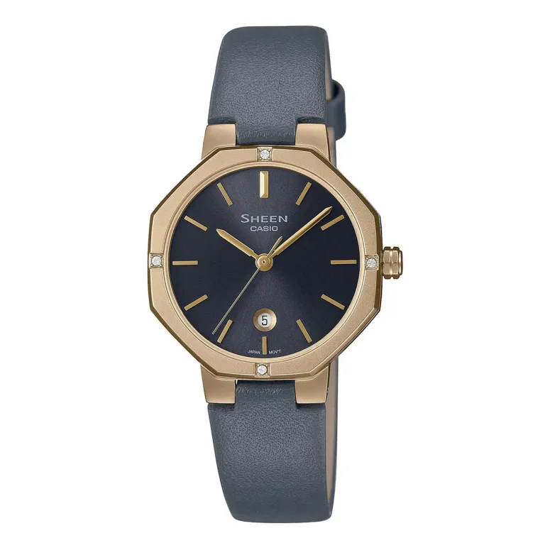 Gold-toned octagonal watch with a navy dial, diamond markers, and a gray leather strap, showcasing elegance and style.